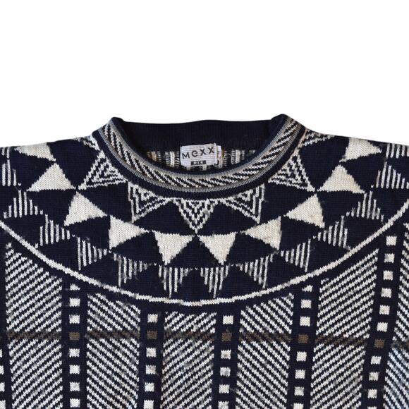 Vintage Mexx Geometric Knit Sweater Navy Gray Wool Blend Men's M - Picture 2 of 8